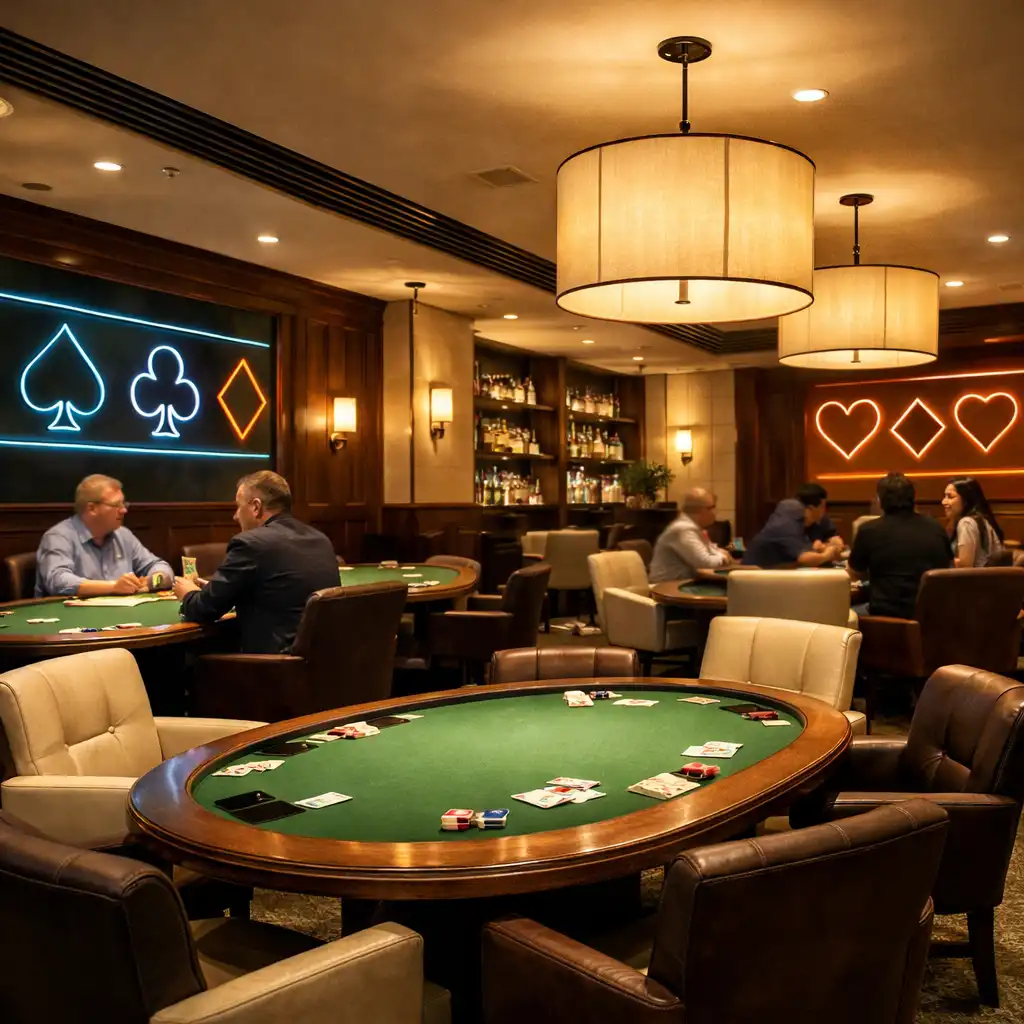 Wide-angle view of the card lounge interior with poker tables, pendant lamps, and people engaged in conversation