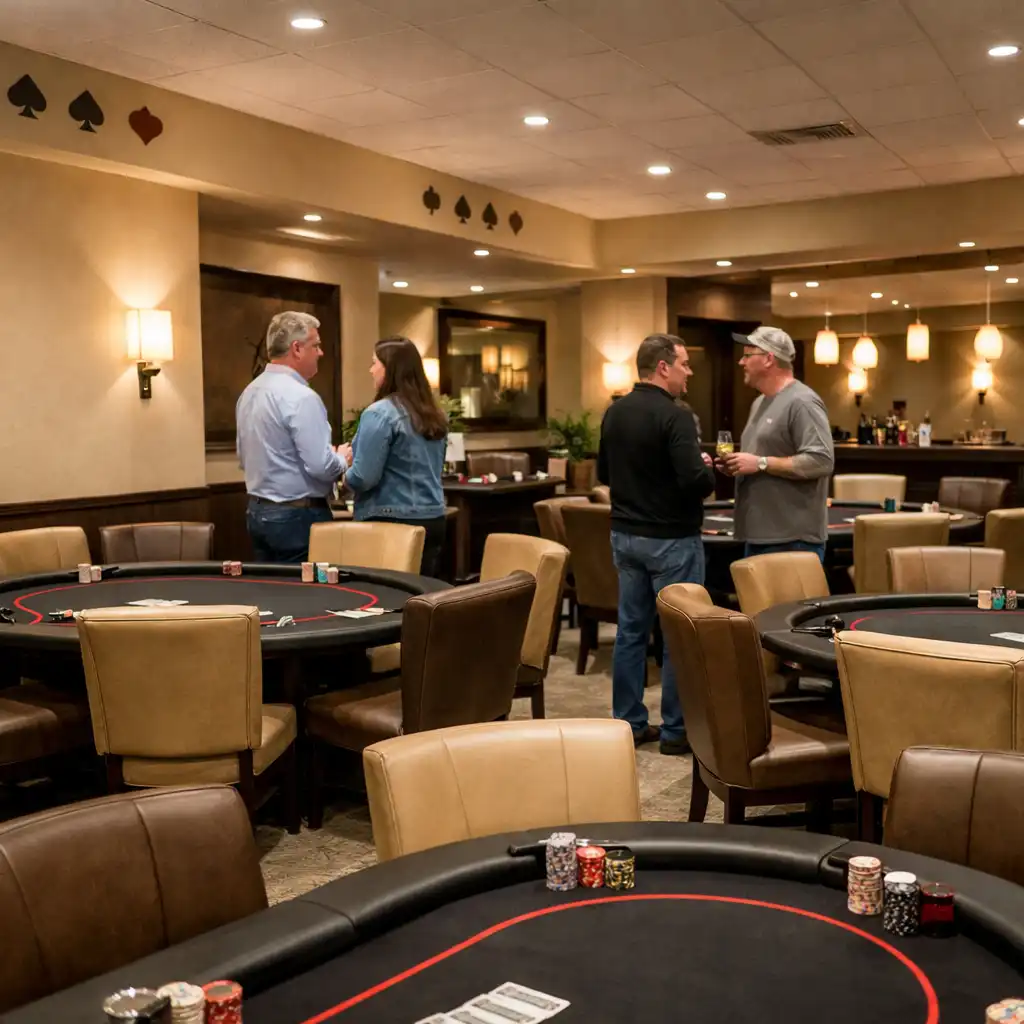 Card lounge interior with multiple poker tables, warm lighting, and subtle card-edge motifs on the walls