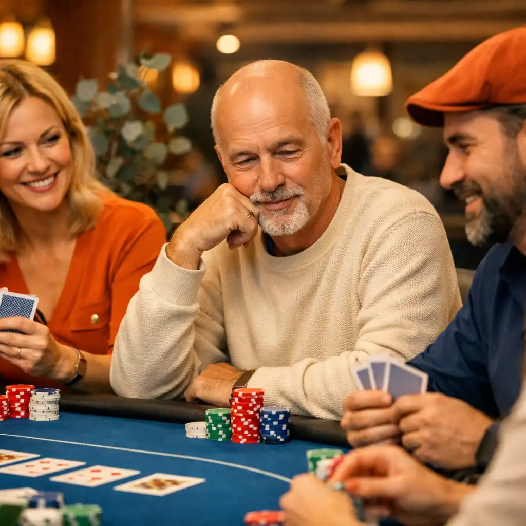 Adults playing poker at a table in the Card Lounge, showing expressions of thought and camaraderie