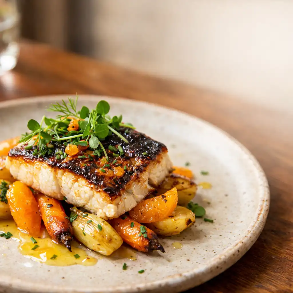 Beautifully plated modern Australian dish with grilled barramundi, roasted vegetables, and herb garnish