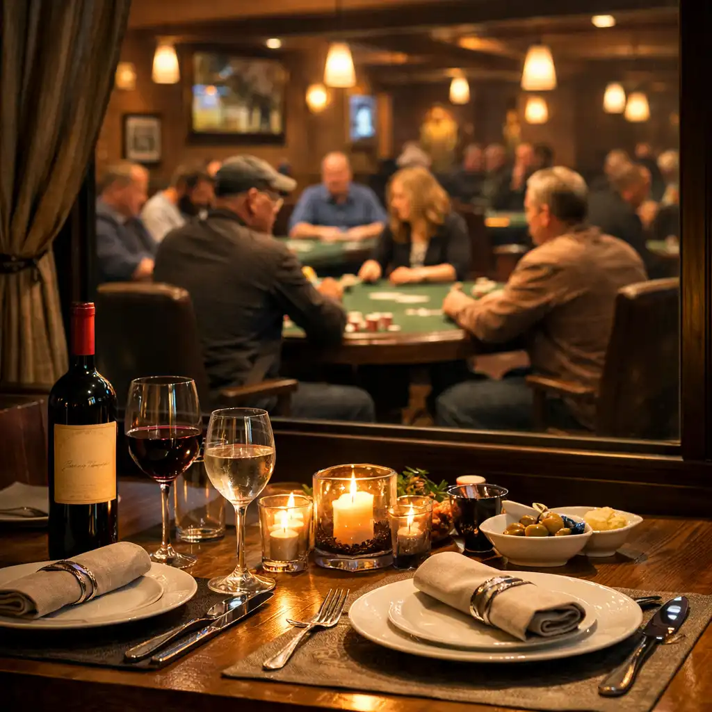 Dining table set for dinner near a window with a view of the card lounge and poker tables in the background