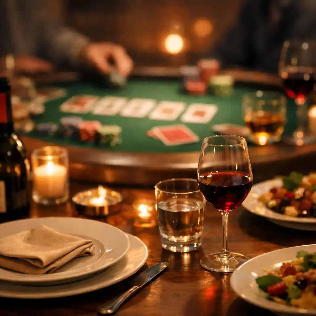 Dining table with plates and glasses in the foreground, with a softly focused poker table in the background