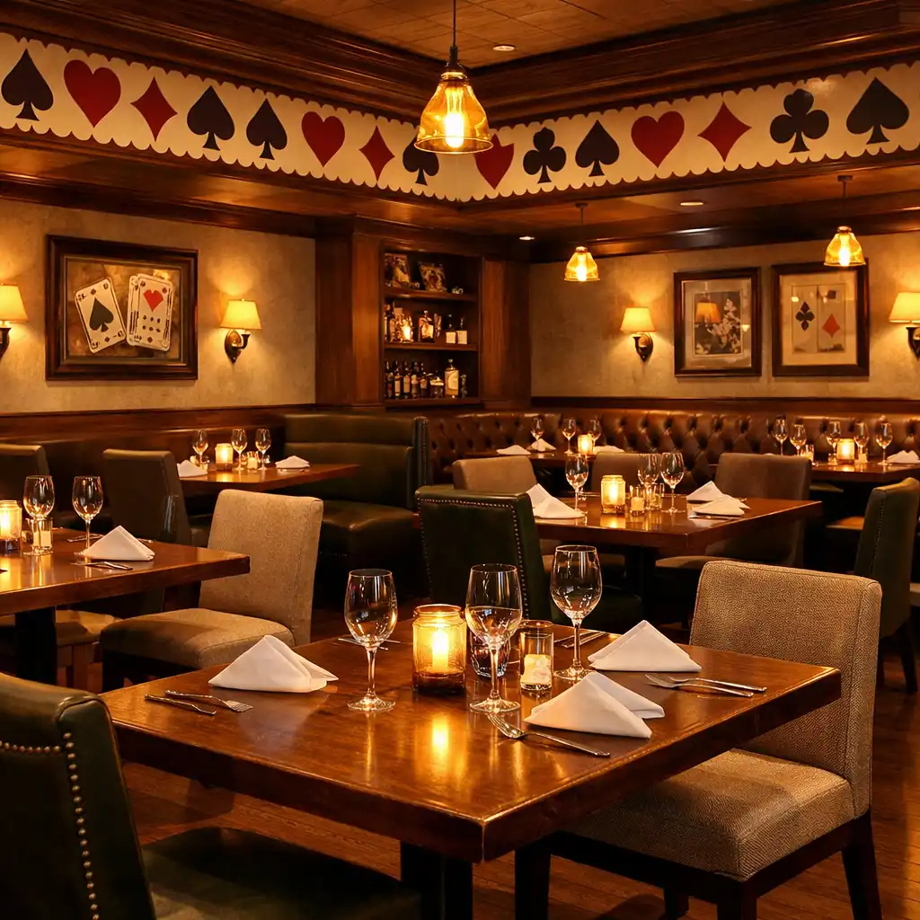 Warmly lit restaurant dining room with wooden tables, upholstered chairs, and subtle card-edge wall motifs