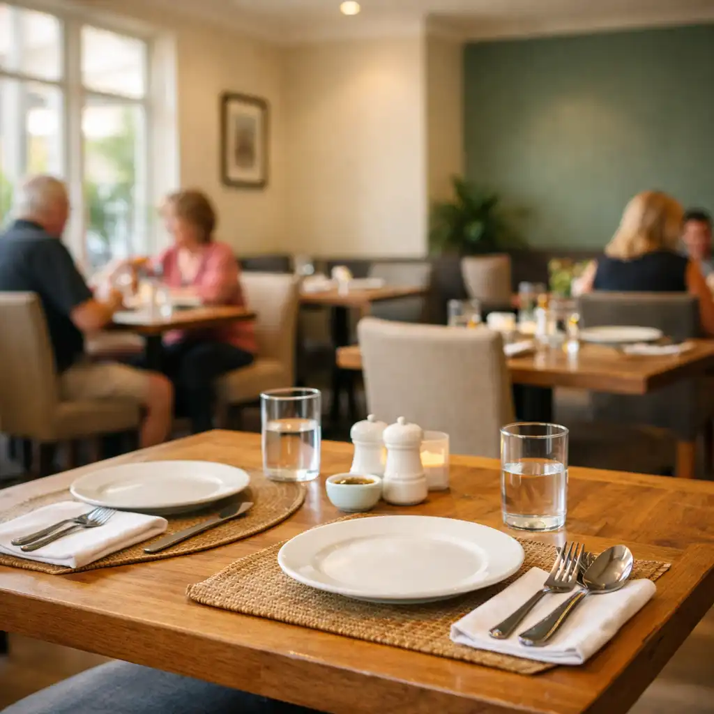 Modern Australian dining room with warm cream walls, wooden tables, and soft natural light