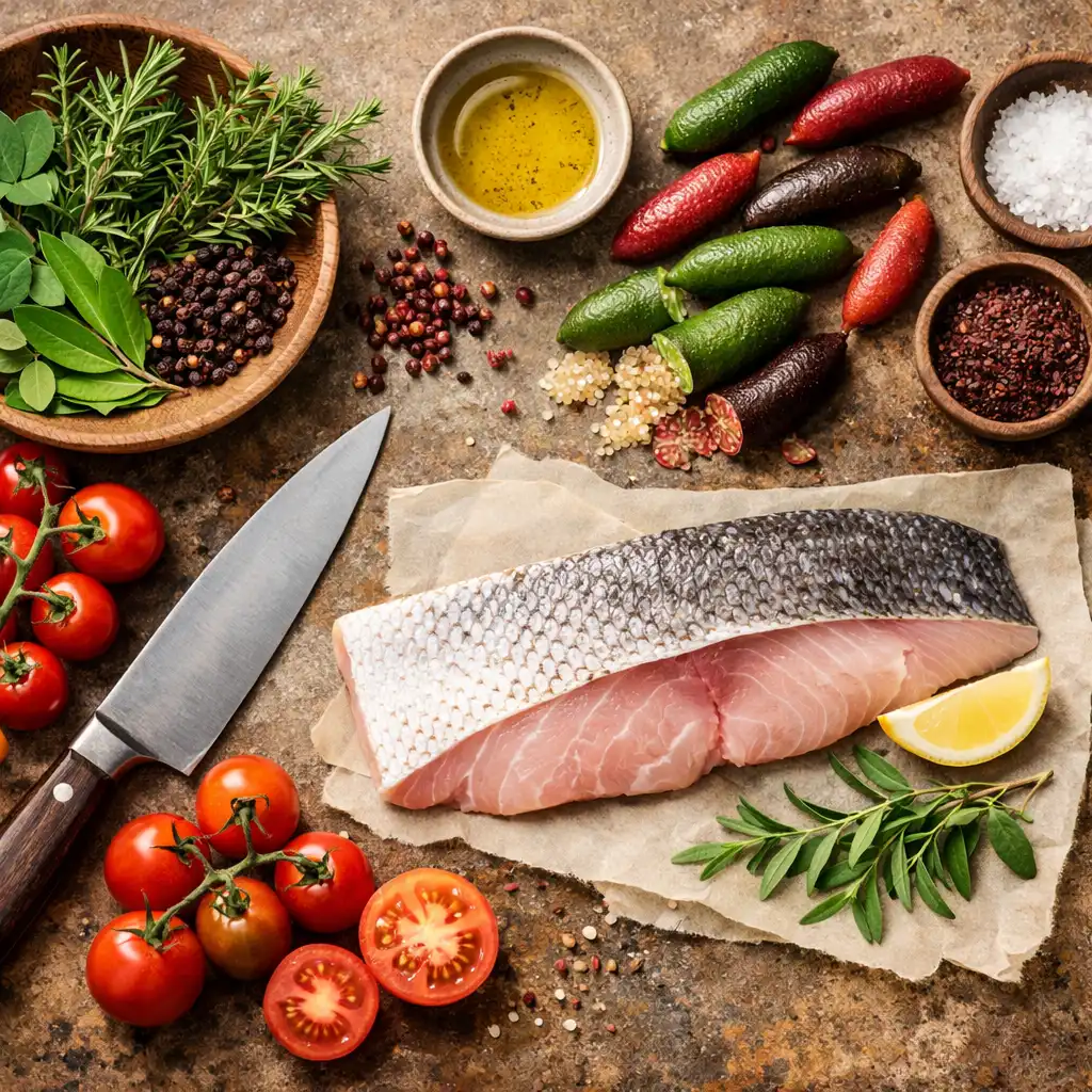 Fresh Australian ingredients including finger limes, native herbs, tomatoes, and fish arranged on a rustic kitchen counter