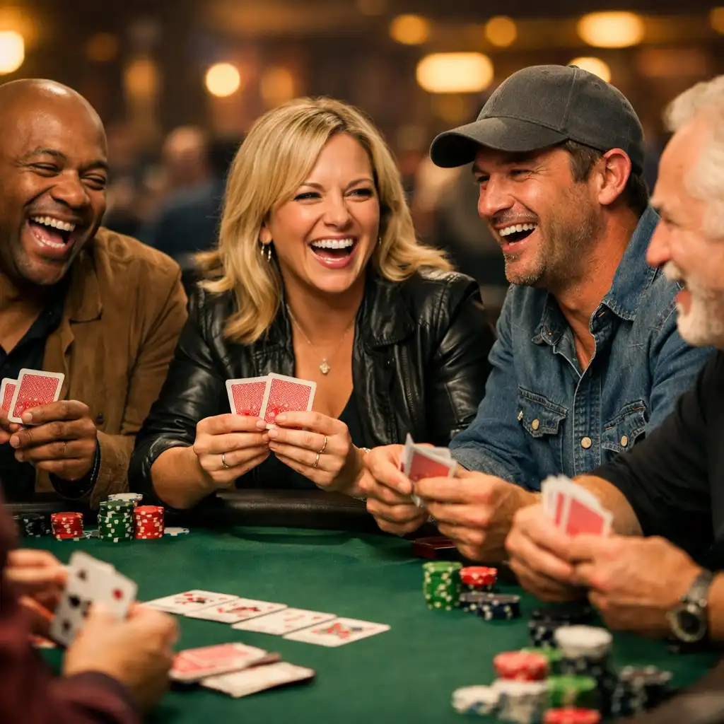 Lively poker table with players laughing and talking while holding cards in a warm, social atmosphere