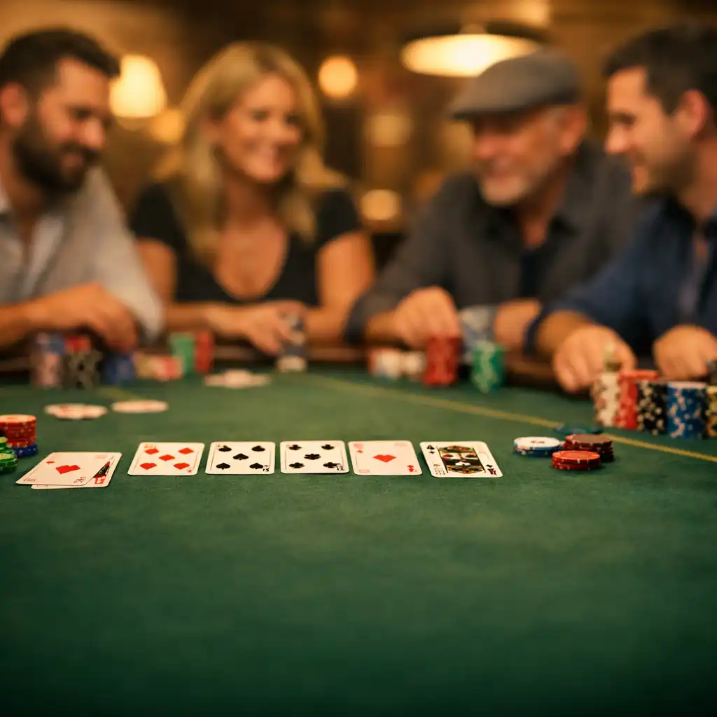 People seated around a felt-covered poker table in a warm card lounge, engaged in face-to-face play