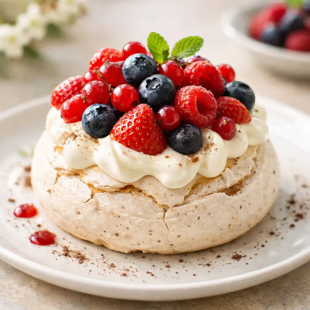 Wattleseed pavlova with fresh berries and cream