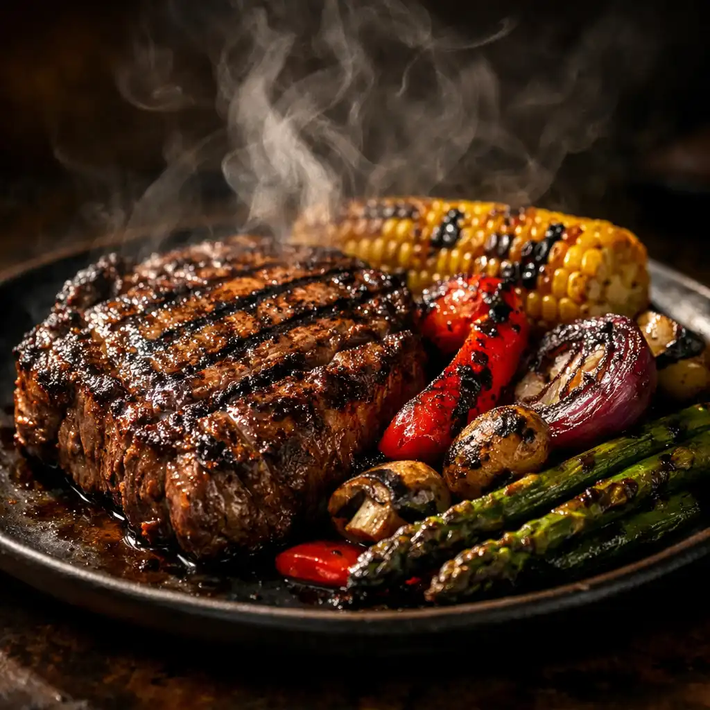 Wood-fired grilled steak with charred vegetables on a dark plate