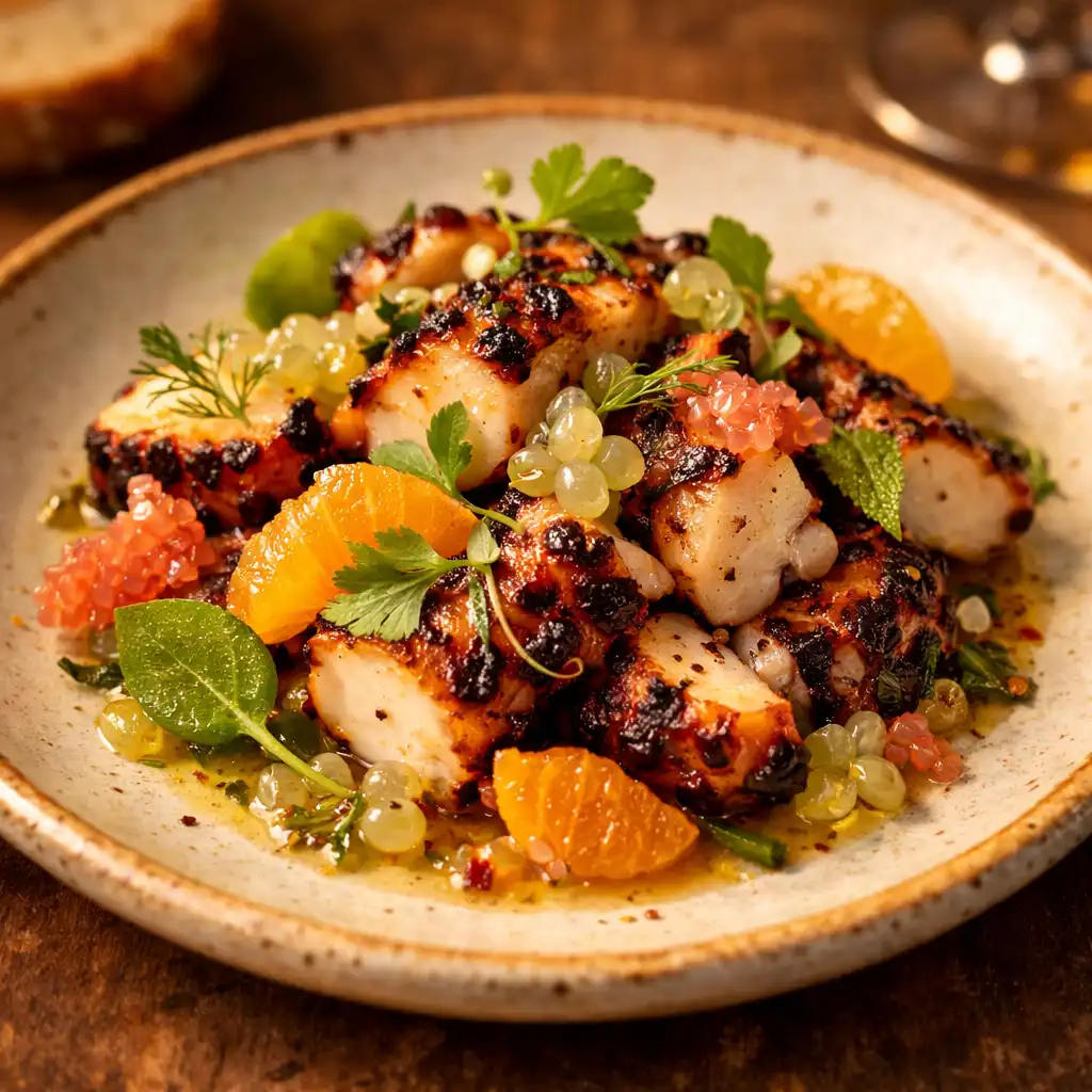Chargrilled octopus with native citrus and herbs on a ceramic plate