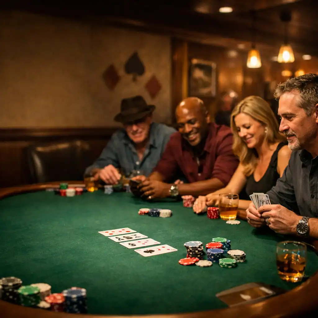 Players seated around a physical poker table in the warmly lit Jugo y Fortuna card lounge
