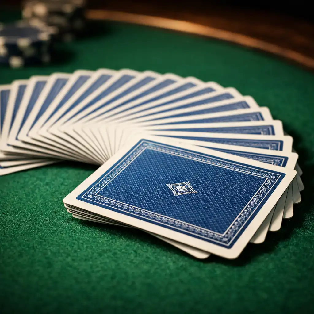 Fan of playing cards with blue backs on a green poker table felt