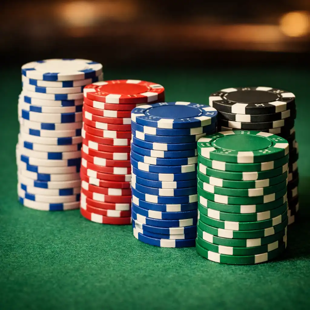 Stack of colourful poker chips on a green felt table