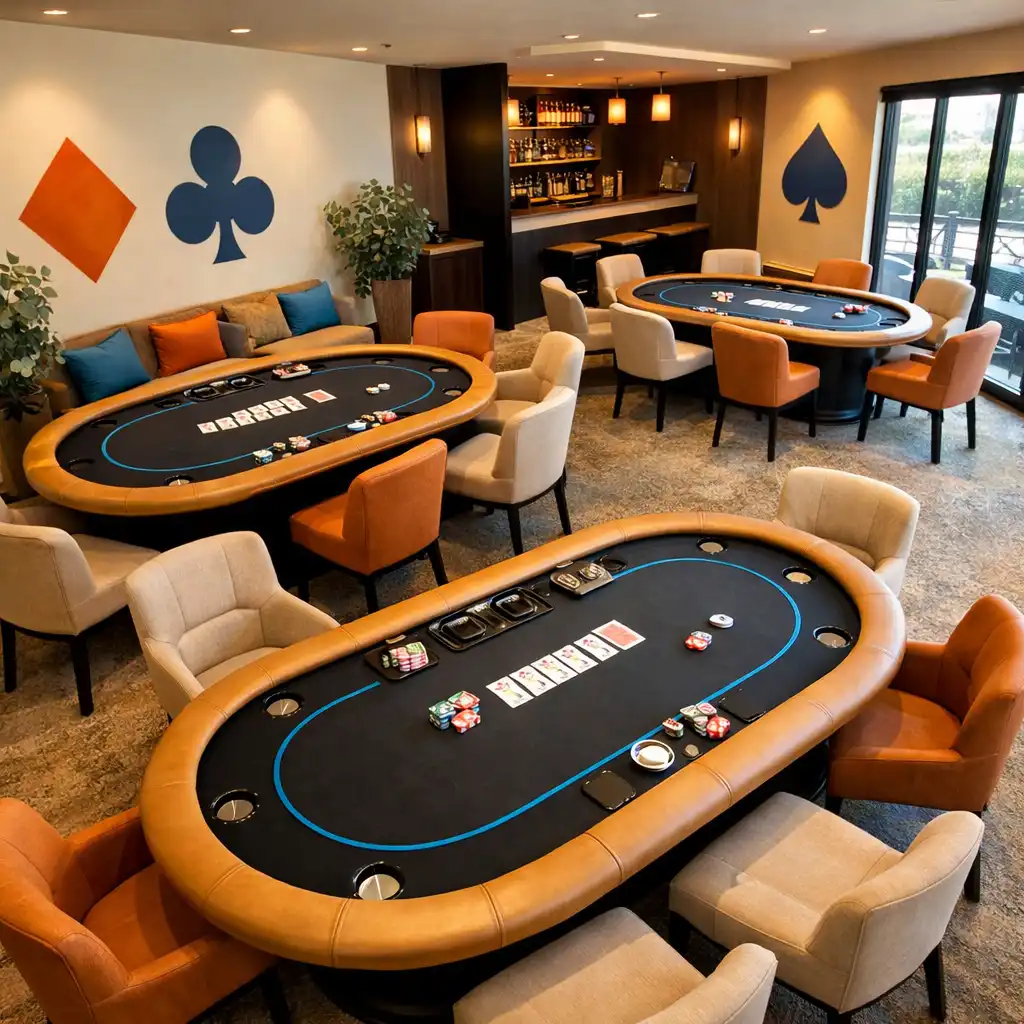 Interior of the Jugo y Fortuna poker lounge with custom tables, upholstered chairs, and warm cream walls