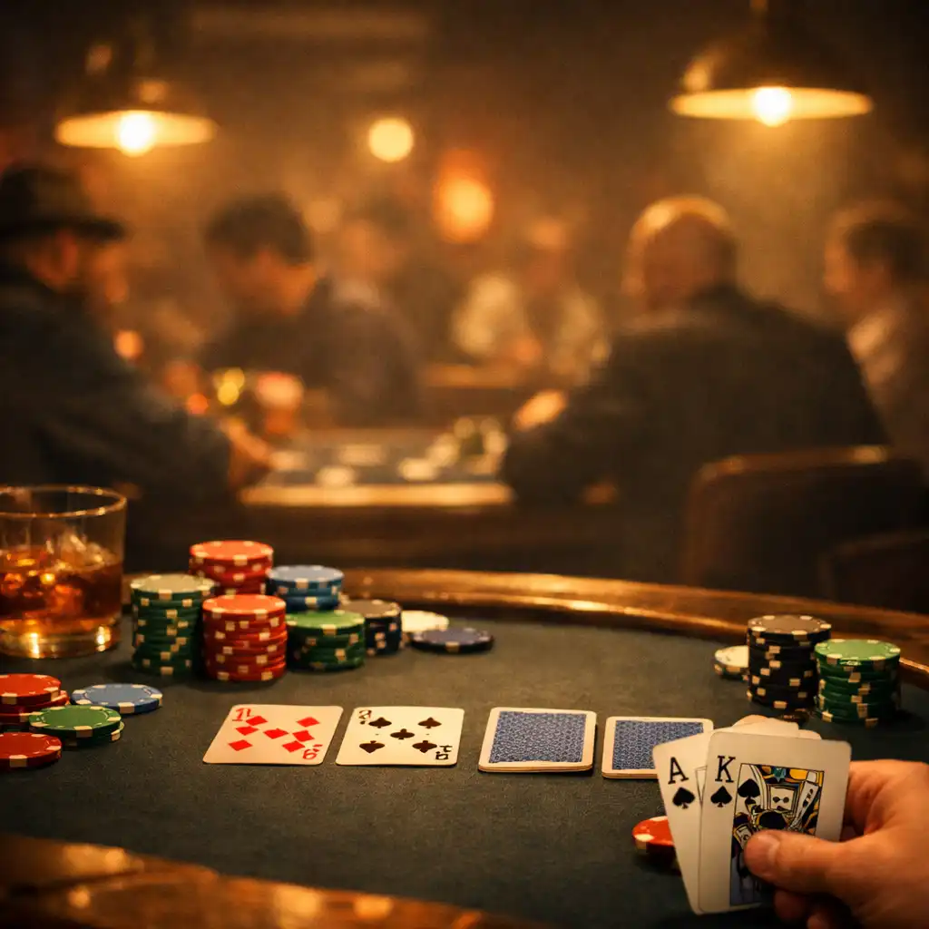 Poker night scene with warm low lighting and several occupied poker tables in the card lounge