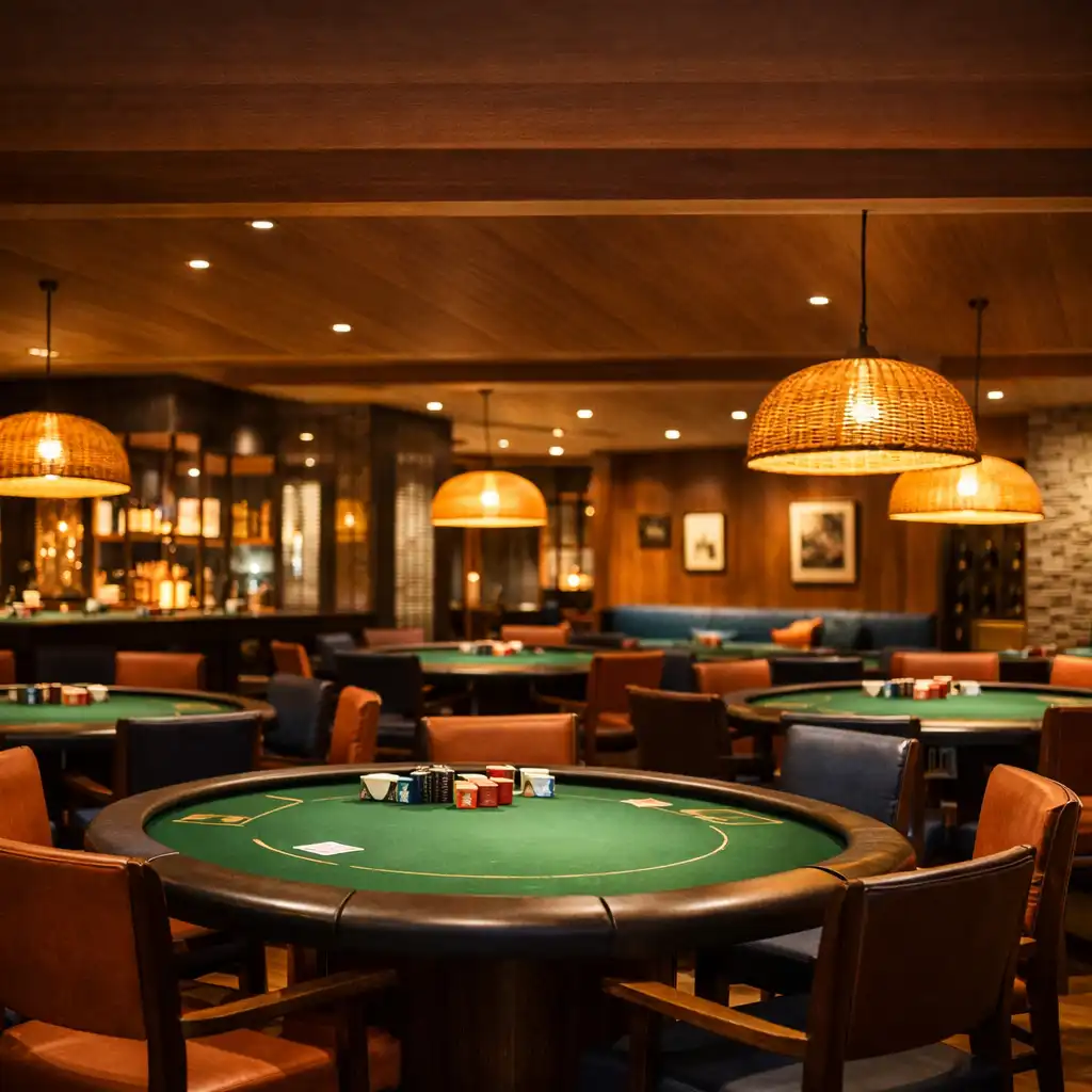 Wide-angle view of the warm, modern poker room at Jugo y Fortuna with pendant lighting and green felt tables