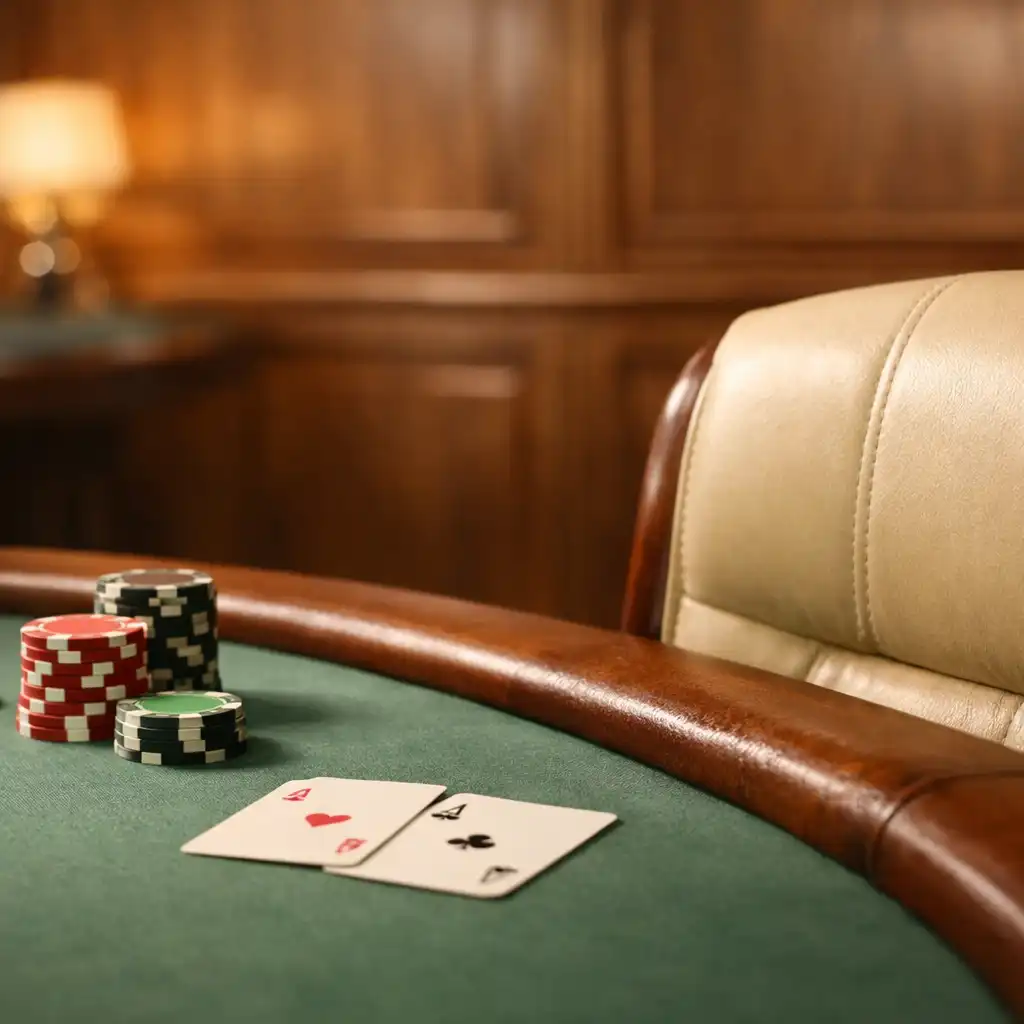 Close-up of felt table surface, leather chair, and warm wood paneling inside the poker room