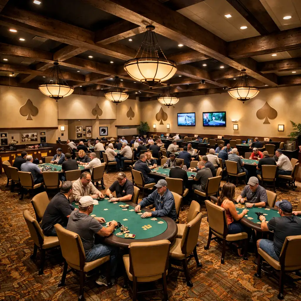 Wide-angle view of the poker room with multiple tables, comfortable chairs, and warm lighting
