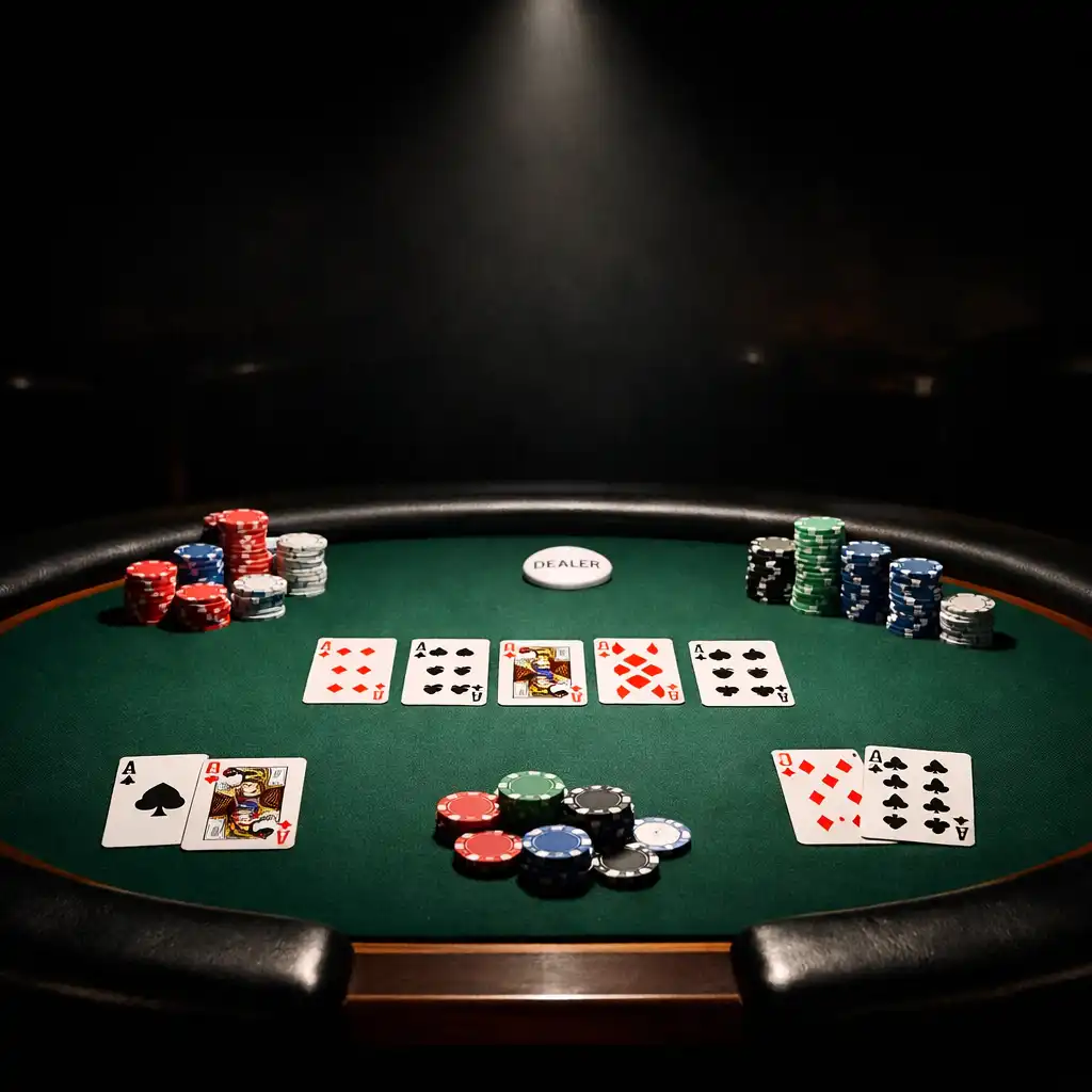 Poker table under a single spotlight in the dimly lit card lounge