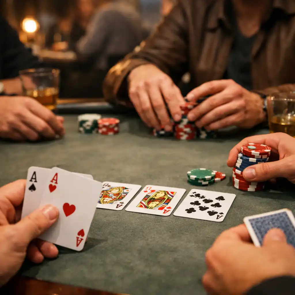 Eye-level view of players' hands moving cards and chips at a poker table