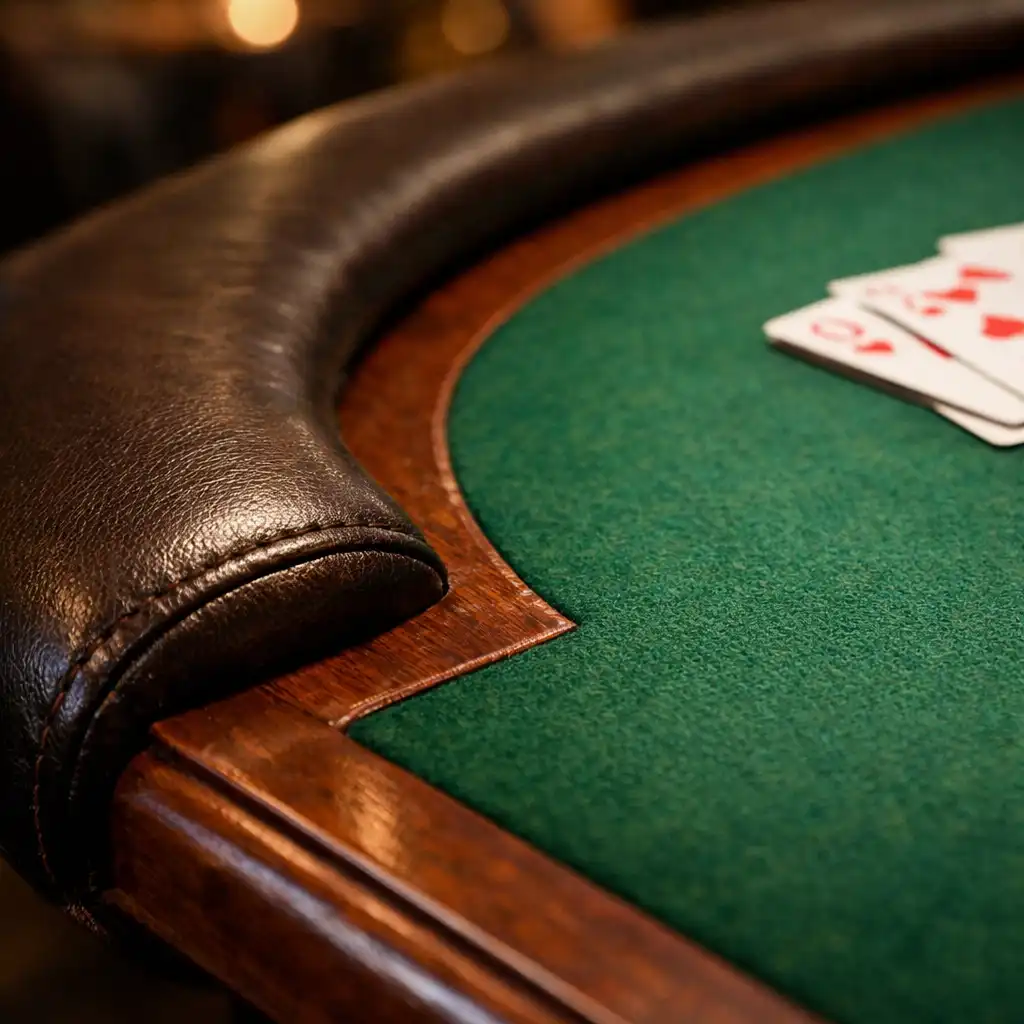 Close-up of a poker table edge showing padded rail and deep green felt texture