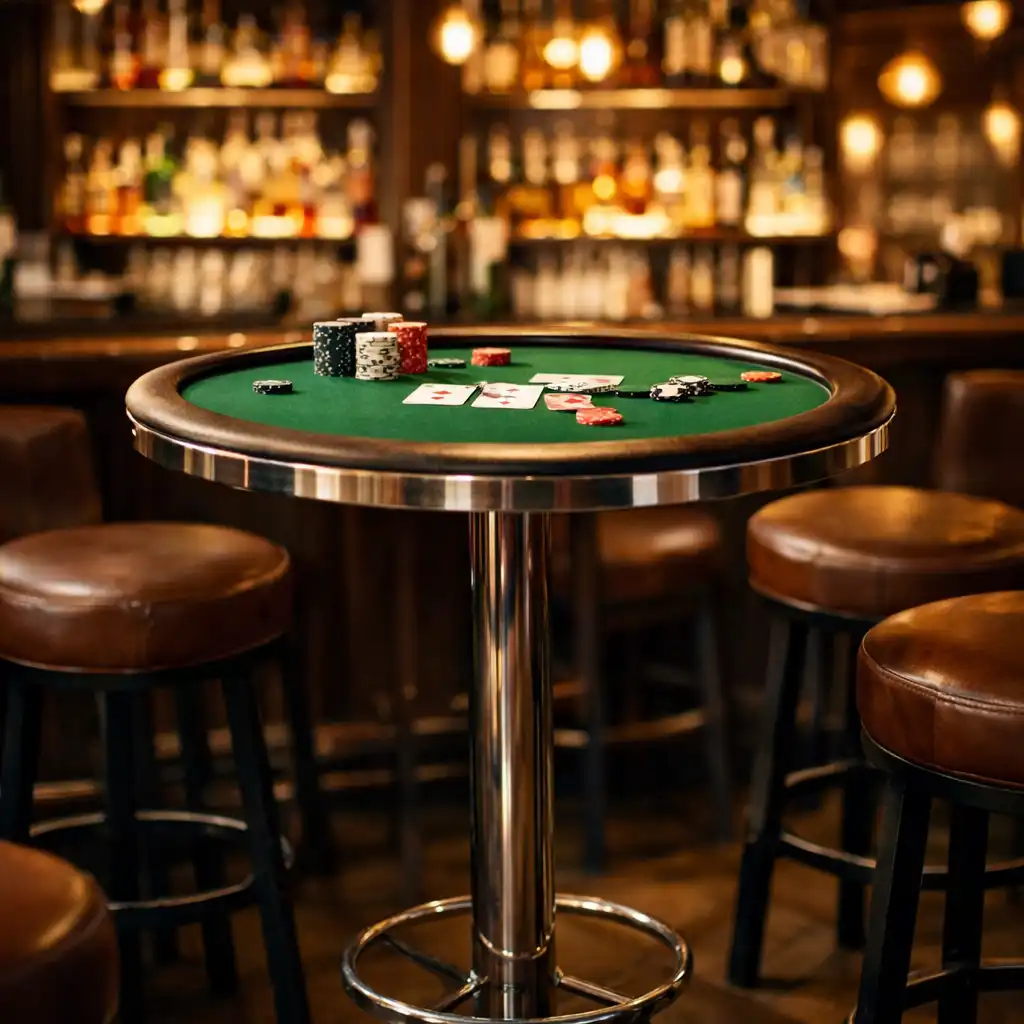 High-top poker table with round green felt top and bar stools near a backlit bar