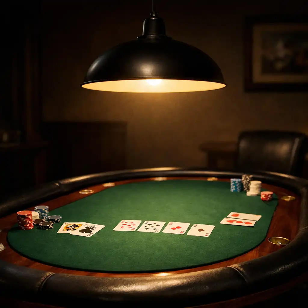 Poker table illuminated by a warm pendant light in a dimly lit room