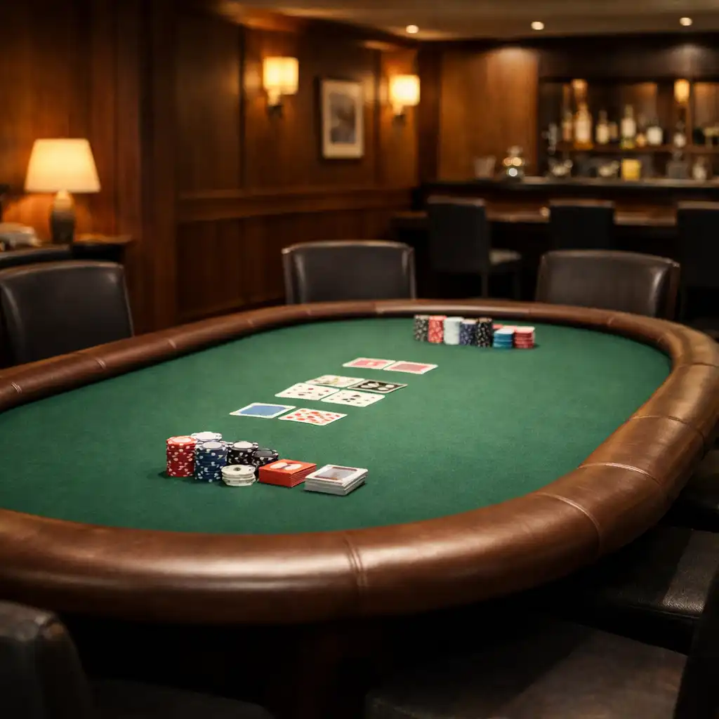 Oval poker table with green felt and padded rail in a stylish card lounge