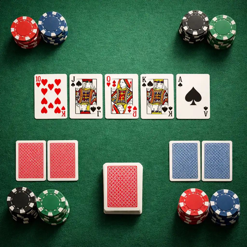 Overhead view of a poker table with a green felt surface, a deck of cards, and stacks of colourful chips