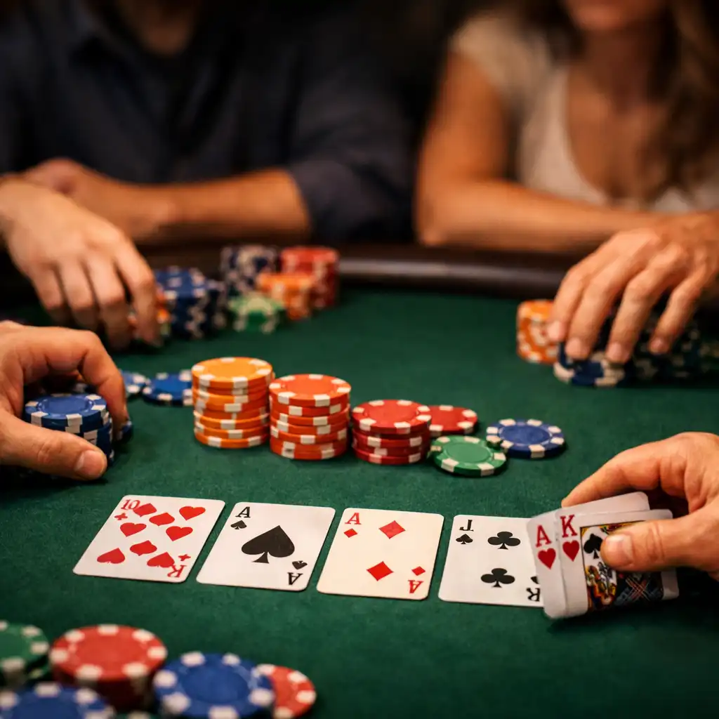 Close-up of hands around a poker table with physical cards and colourful chips