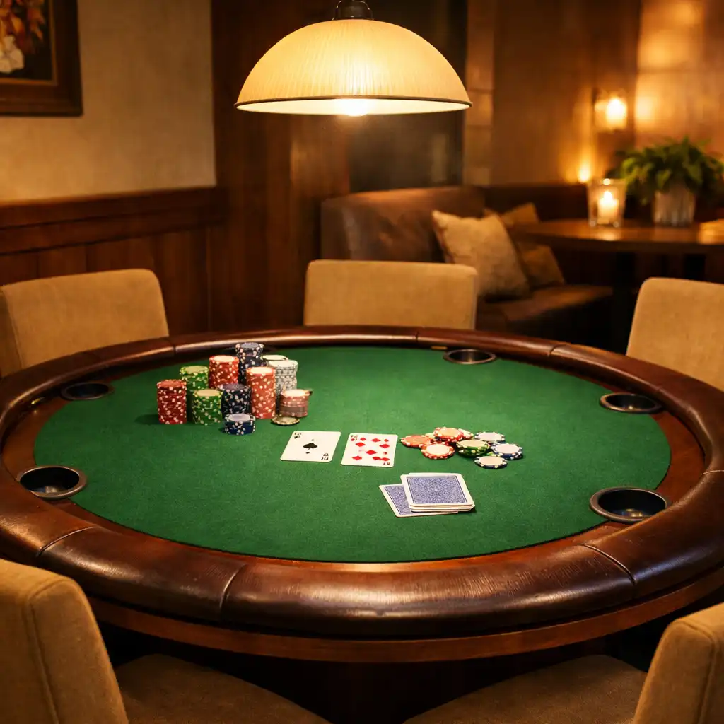Round poker table with green felt and dark wood rail in a cosy corner