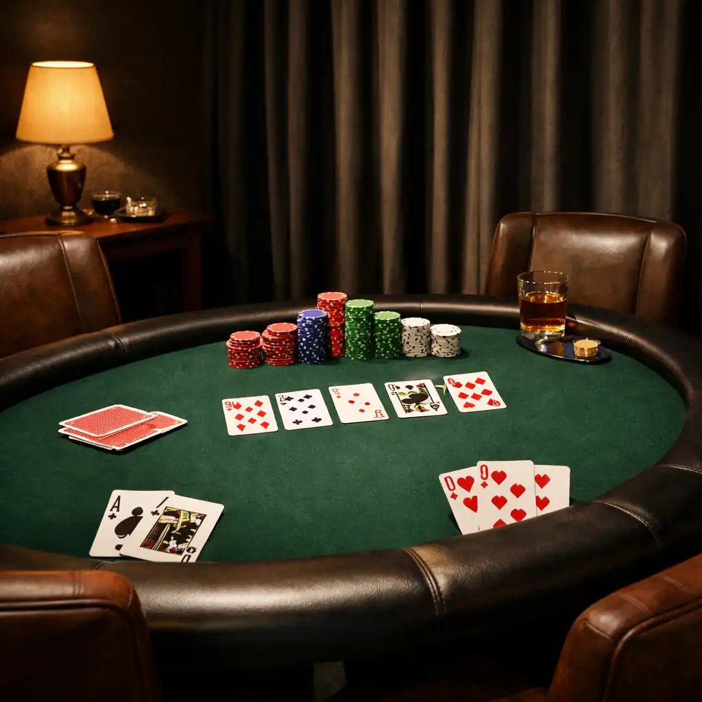 Private poker setup with a single table in an intimate corner of the card lounge, softly lit