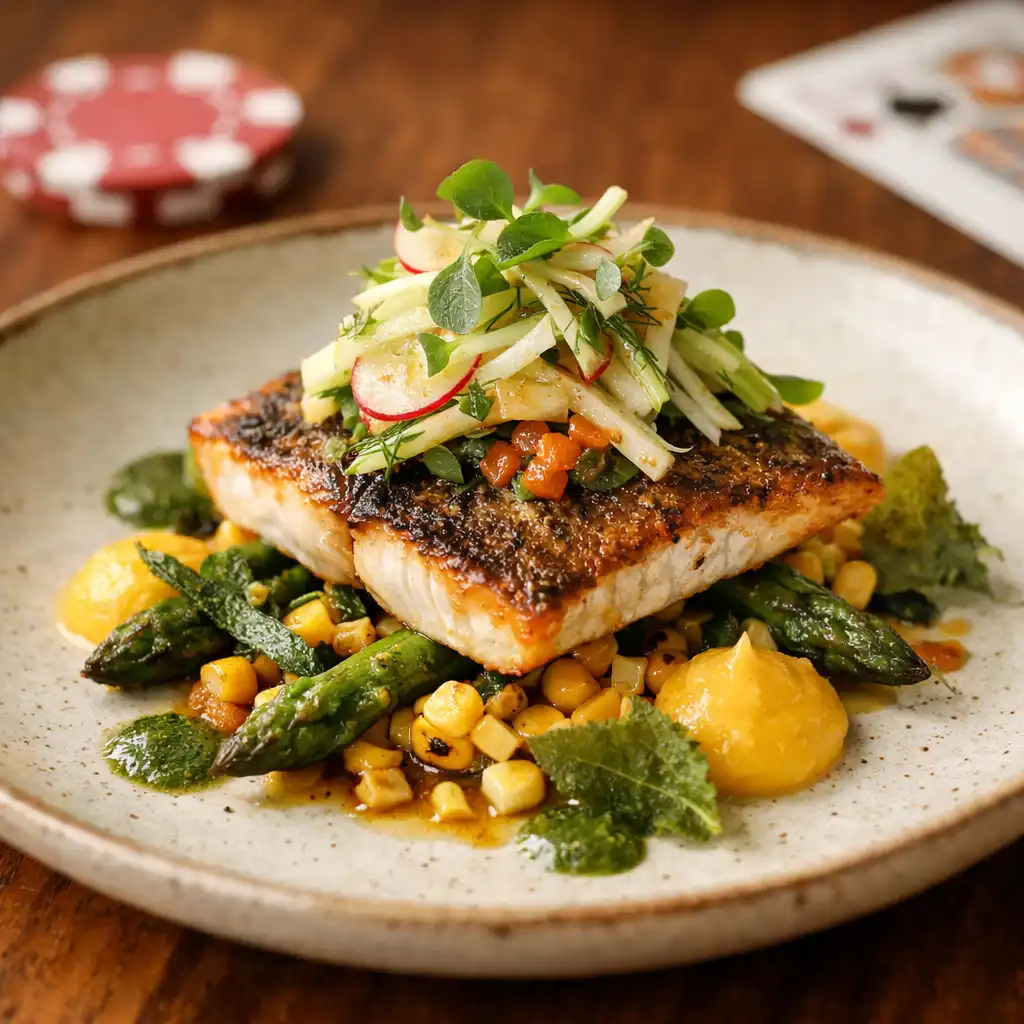Beautifully plated modern Australian dish with grilled fish and fresh salad on a white ceramic plate