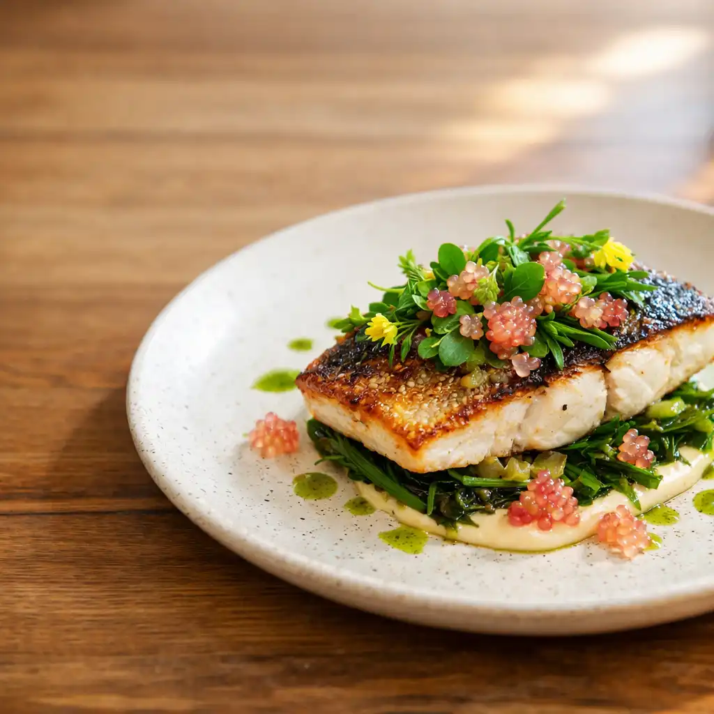 Seared barramundi with native finger lime and herbs on a warm wooden table